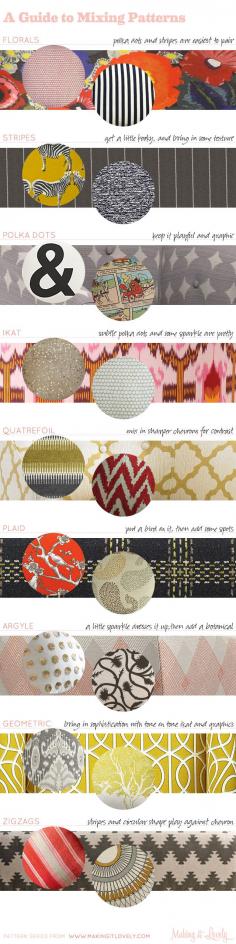 A Guide to Mixing Patterns in Your Home. Here is another guide to mixing and matching patterns, this time for home decor. It would be an additional tip sheet to have on hand as a visual merchandiser to use when assembling display windows and vingettes.