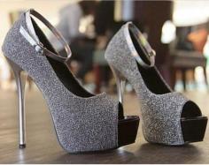 Grey Glittery Court Stilleto Pumps with Silver Ankle Strap – $38.65  #womensshoes #affordableshoes
