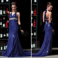 long dress fell to the ground high-grade sapphire blue beaded formal evening dress star models