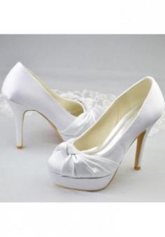 Women's bowknot round toe satin face white color high heel-platform wedding shoes