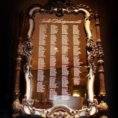 A seating chart etched on an antique mirror? Totally glam! {Vick Photography}