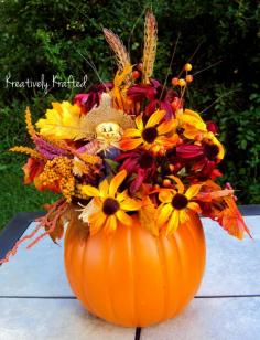 Autumn Fall Scarecrow orange pumpkin flower centerpiece table arrangement by KreativelyKrafted.