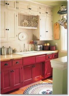 cute cabinets...I love red in the kitchen, and Chalk Paint® by Annie Sloan in Emperors Silk would give this look, with maybe Old White or Old Ochre for the top cabinets.