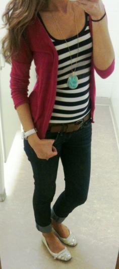 Fall Outfit: Raspberry red cardigan, black and white striped tank, rolled-up jeans/skinnies, white flats