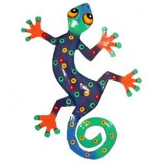 Tropical Gecko Lizard Haitian Metal Wall Hanging Measures: 26 inches x 16 inches Must have for gecko lovers and collectors. A multi-colored grandpa gecko hand painted in vibrant colors. They can be hung on a wall in various positions from their toes or tail, or by the hook provided on the back. Very decorative, funky and fun. And it is said that geckos in a house bring luck. Our Metal Wall Decorations from Haiti have a hook on the back for hanging. Using simply a chisel and a hammer, the crafters make these beautiful works of art. Pieces may vary slightly due to the hand crafting and hand painting that goes in to each piece of Caribbean art. The bright colors of these large gecko wall hangings will certainly bring with them a little bit of the tropical Caribbean flair and style to your home decor. Very attractive, colorful and cheerful.