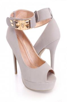 Grey Ankle Strap Peep Toe High Heels Faux Leather - Shoes