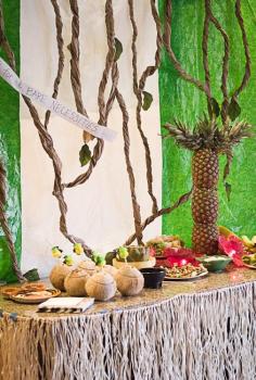 WOW! This jungle themed party is amazing! How to make a pineapple palm tree, DIY table skirt, DIY tree vines, jungle themed food and more! via @Kendra Halterman #JungleFresh #shop