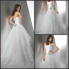 Beautiful Fashion A line Strapless Backless Flowers Sashes Buttons Tiers Organza Sweep Train Bridal Wedding Dresses