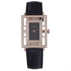 30 x 38mm rectangular gold pvd coated stainless steel case Roman numerals on bezel ring with swarovski crystals Antireflective sapphire crystal Black satin strap Water resistant up to 99 feet (30 m)
