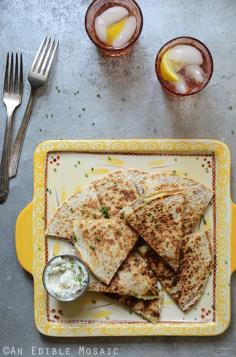 “His” and “Hers” Fresh Corn Quesadillas with Roasted Garlic and Chive Crema Recipe