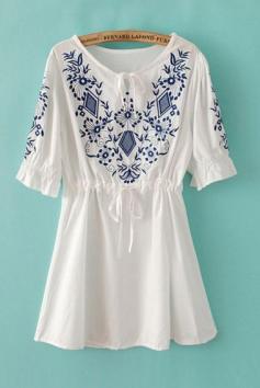 Vintage Floral Embroidery Half Sleeve Dress