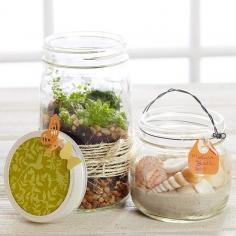 Nature Jar Display - Remember a trip to the beach or a favorite camping trip by gathering natural elements, such as sand, rocks, or shells. Place them in glass jars and wrap the jars with raffia or twine.