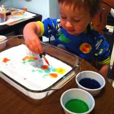 Another Pinner said: "This kept my 2 year busy for an entire hour and my 4 year old busy for 2 hours! YAY! Drop vinegar tinted with food coloring onto a pan filled with baking soda. Sheer minutes of colorful fizziness!!... Pretty sure we will be doing this soon! GENIUS!