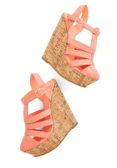 Coastal Cookout Wedge. These coral-pink wedge sandals are sure to make a major splash at your beachside picnic! #coral #modcloth