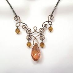 Wire Work Crystal Necklace - Swarovski Amber Teardrop - Round crystals - Bronze Wire Jewelry - Henna Style on Etsy, $25.00