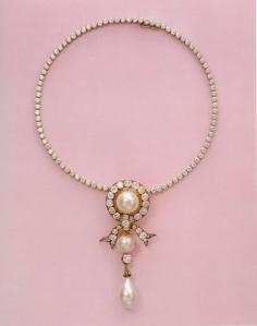 A diamond and pearl necklace that belonged to Empress marie Feodorovna of Russia. The necklace was later signed by Cartier.