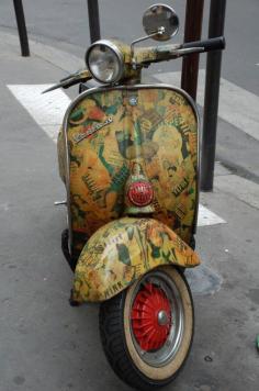 Parisian scooter: remember the feel of the decoupaging, but use...vintage Japanese chiyogami paper designs.