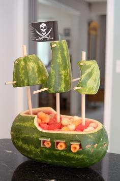 Watermelon pirate ship! Would be cute at a pirate birthday party!