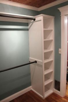 Take a couple of book shelves, and add some rods in between the two of them for an instant closet. - kids bedroom closets/guest closet?.
