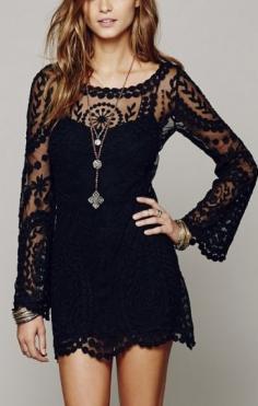 Love Love Love! Black See-through O-neck Long Sleeves Lace Dress #LBD #Black_Lace #Dress