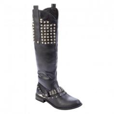 This embellished womens riding boot, designed with a two inch heel and studded straps, was created to make a fashionable statement.