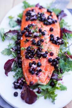 Grilled crispy skinned,  wild salmon with a pickled huckleberry relish….a bears dream :) #salmon, #huckleberries #huckleberryrecipe #salmonrecipe