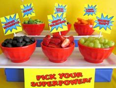 Superhero party food -- pick your super power. Awesome! Could be a way to get kids to eat fruit :)