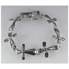 This is a beautiful 7 1/4 inch polished silver tone repeating Cross bracelet with a very nice spring clip fastener. The 6 Crosses alternate between an ornate and a sparkling CZ stone design. Comes in a beautiful satin lined gift box with a satin ribbon and bow, no wrapping required.