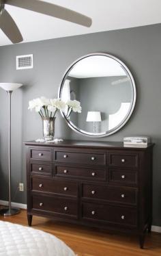 Gray walls, dark brown furniture...Paint color: Amherst Grey - Benjamin Moore.