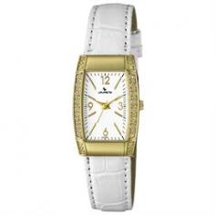 Quartz movement; Gold plated tonneau shaped metal case; Crystals on right and left side of bezel; White leather bracelet; White dial with second hand feature; Water resistant to 30 meters(99 feet)