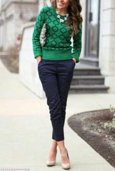 Navy pants and green print sweater. Casual everyday or work attire.