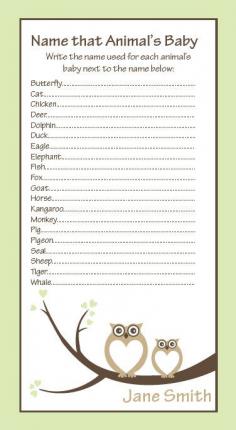 Owls, Baby Shower Game, Quiz, Animal Babies, Baby Boy, Baby Girl, Nursery Rhyme Game, 6"x11" by NestedExpressions, $30.00