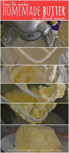 How to make homemade butter in a stand mixer. I seriously cannot believe how easy this is! It costs less, tastes better, and  makes a great hands-on lesson while  reading Little House in the Big Woods!