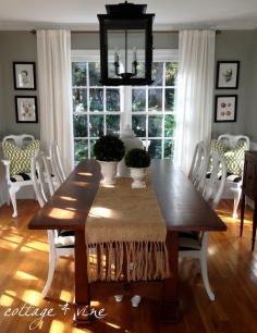 The lay out of the room, the large window (except mine has a large seating part 2 it) hardwood flooring is IDENTICAL 2 the dining room in our house!  DINING ROOM DECORATING IDEAS - Soothing Cottage Dining Room