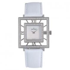 37mm Square stainless steel case; Roman numerals on bezel ring with Swarovski crystals; Antireflective sapphire crystal; Mother of pearl dial; White satin strap