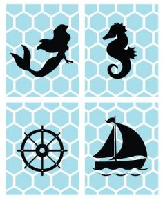 4 Nautical, Marine Art Prints, Seahorse, Mermaid, Ship and Wheel, Honeycomb, Nursery Art, Under the Sea, Gift, 8x10 or 11x14 Art Print by NestedExpressions, $52.00