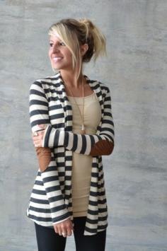 We love this cardigan and have it available on our website.  Super cute with patch sleeves and stripes!