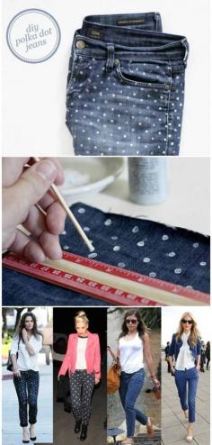 DIY polka dotted denim - 32 Brilliant DIY Anthropologie Knockoffs