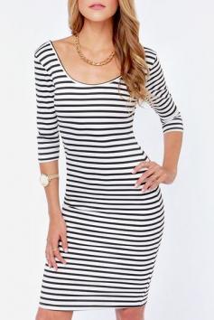 Love this Dress! Black and White Stripes O-neck Half Sleeves Bodycon Summer Beach Dress #Black_and_White #Stripes #Nautical #Beach #Fashion