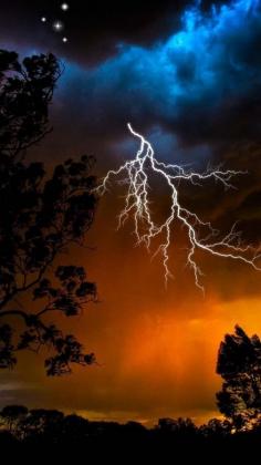 lightning, sky, trees, outlines, stars, bad weather, night, orange, birds