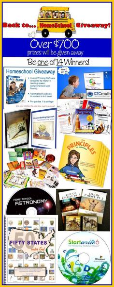 Back to Homeschool Giveaway (August 1st-7th) has begun! Be 1 of 14 winners ... Over $700 worth of prizes to be given away!! This includes Curriculum and memberships...One example: Win a semester of Astronomy Classes. Another prize...a annual family membership to an online Math curriculum. There's a great variety of prizes being offered! Enter @ www.christianhome...