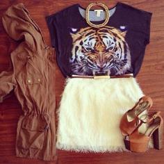 parka, skirt & graphic tee.