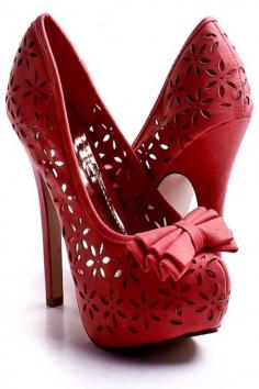 women shoes Coral Faux Leather Floral Cut out Bow Tie Platform Heels -  shoes for women