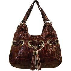 This fashionable printed handbag features top zipper closure, silver hardware, an all-over embossed croc print, interior lining, a zippered pocket and a slip pocket. Dimensions: 18" x 14" x 5.5" Drop Length: Drop (distance from shoulder or handle to top of bag): 13" Origin: Imported Special Features: Animal Print, Tassel, Top Handle, Top Zip