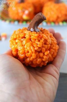 Adorable pumpkin Rice Krispies treats are perfect for fall with tootsie roll stem!
