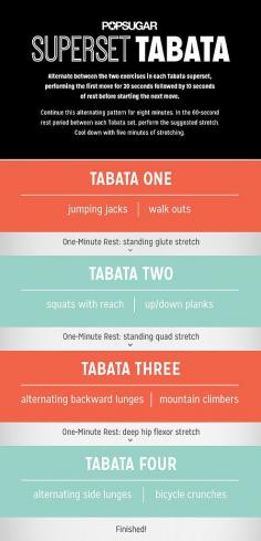 Alternate between the two exercises in each Tabata superset, performing the first move for 30 seconds followed by 10 seconds of rest before starting the next move.