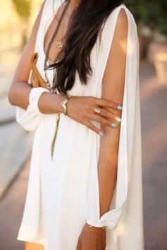 Love this look! Tiffany Blue Nails + White + Gold Accessories! White V-neck Cut-out Sleeves Shift Chiffon Dress #Tiffany_Blue #Gold #Jewelry #Nail_Polish #White #Summer #Fashion