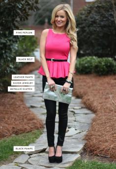 Pink peplum with skinny black pants on Emily Maynard. Love her. Love this. Loving the new blog!