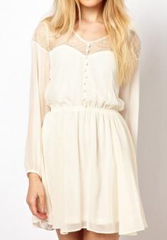 White Plain Lace Long Sleeve Chiffon Mini Dress