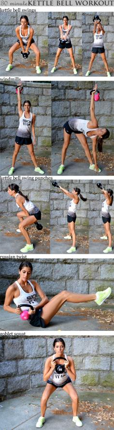 30 minute kettle bell workout Set your interval timer for 30 rounds of 40 seconds of work and 20 seconds of rest. You’ll go through the following sequence five times: (1) Kettlebell Swings (2) Windmills - left (3) Windmills - right (4) Kettlebell Swing Punches (5) Russian Twists (6) Goblet Squats